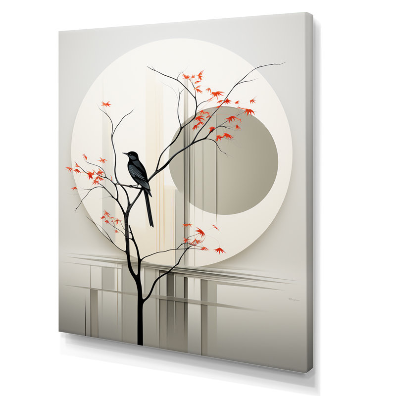 Encre d'oiseaux japonais gris, impression sur toile, Toile tendue, H 20 po x l 12 po