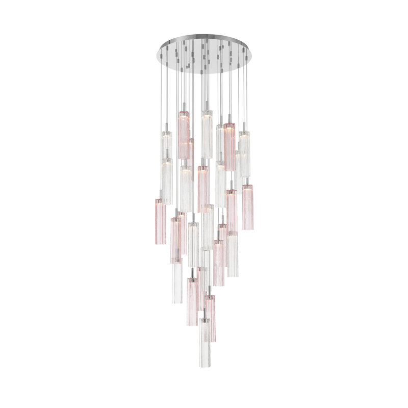 Luminaire suspendu multi-lumières DEL Delaney, H 136,75 po x l 26 po x P 26 po, Rose / transparent, Chrome poli