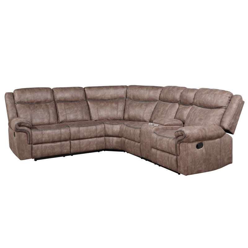 Canapé modulaire inclinable manuel en nubuck deux tons Dollum avec console USB et porte-gobelet, Chocolat