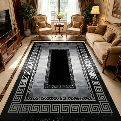 1PC Greek Key Vintage Black & Silver Geometric Medallion Bordered area rugs for Living Room, Soft and Comfortable, Suitable for all seasons, easy-to-maintain, machine washable Indoor floor mat, Under Table Farmhouse suitable for dining table, coffee