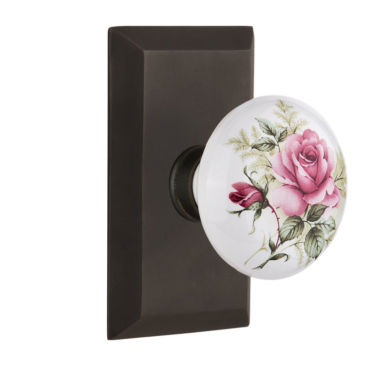 Plaque de studio avec poignée de porte en porcelaine blanche, Bronze frotté à l'huile