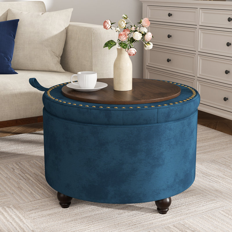 Button-Designed Upholstered Ottoman With Storage, Blue