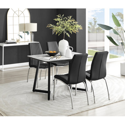 Industrial Design White & Grey Marble Effect Melamine Dining Table Set with 4 Faux Leather Chairs