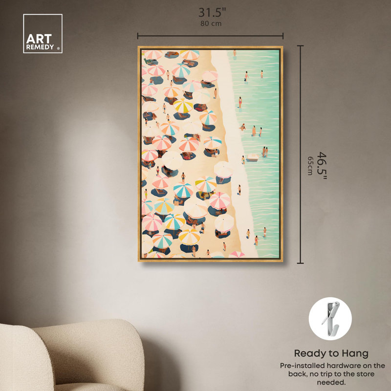 «Beach Coastline Fun», art moderne sur toile par Art Remedy, Cadre doré, H 46 po x l 31 po