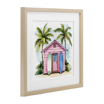 Surf Shack Under Palms Framed Print Under Glass, design by Petal Prints Design