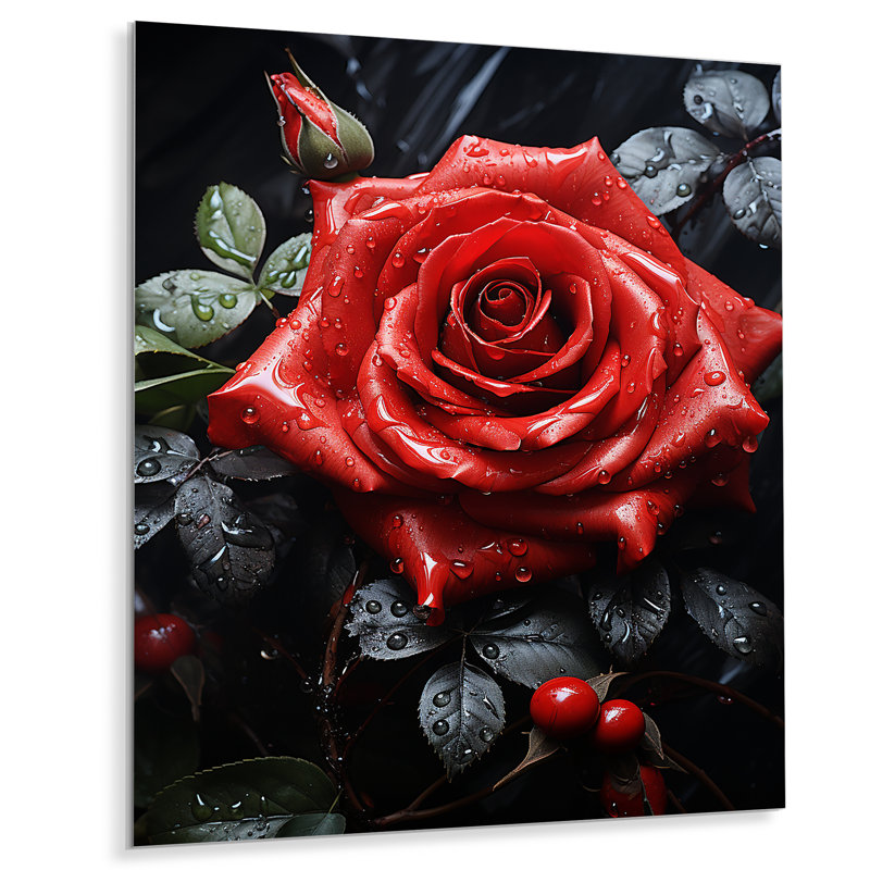 Beauté rouge éternelle II - impressions florales en métal sur métal, H 40 po x l 30 po x P 1 po