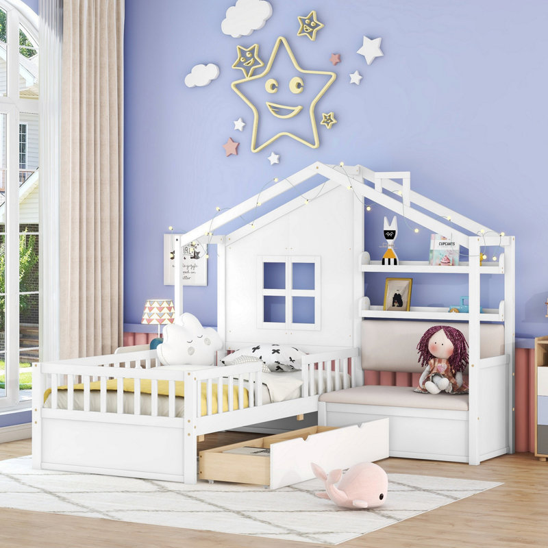 Lit House avec canapé, lit plateforme avec deux tiroirs et tablette de rangement, Blanc
