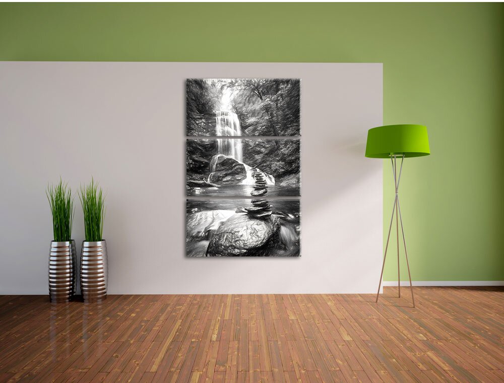 3-tlg. Leinwandbild-Set „Zen-Steine vor Wasserfall“, Kunstdruck