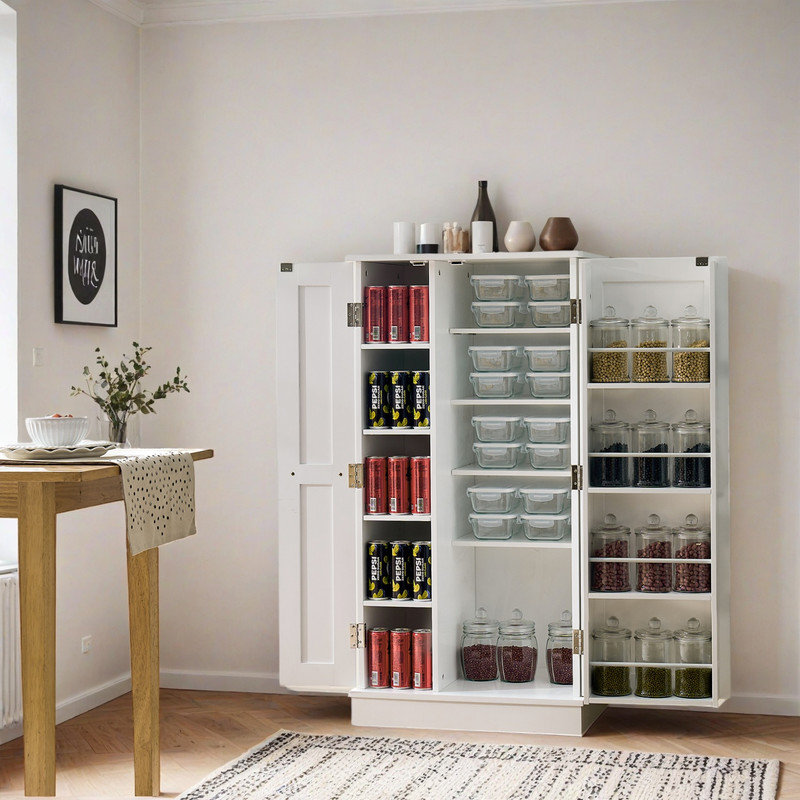 Garde-manger autoportant de 23,6 po avec tablettes réglables, organisateur de rangement de cuisine blanc avec portes pour la nourriture, les fournitures et les petits électroménagers, pour la cuisine, la salle à manger et la salle de bricolage