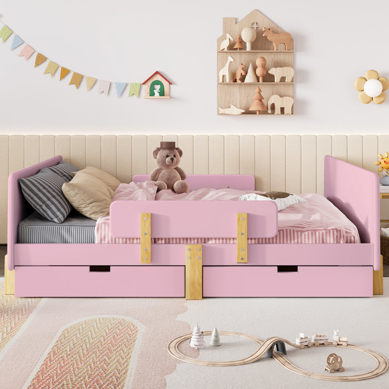 Lit plateforme double avec tiroirs de rangement, structure de lit en bois massif avec garde-corps, petite tablette et crochets, aucun sommier requis, rose