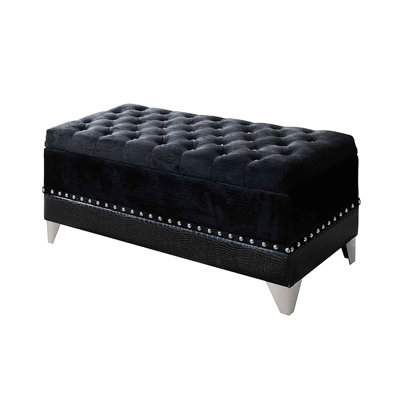 Black Velvet Storage Trunk With Nailhead Trim And Hidden Area - Smart Choice Foam Padding Decorative Soft Touch
