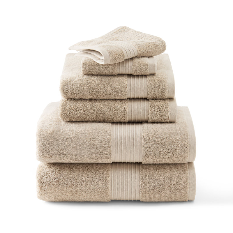 TOWN & COUNTRY EVERYDAY 6-Piece Assorted Solid Dobby Border Set, 2 Bath, 2 Hand, 2 Wash, 100% Cotton, Beige