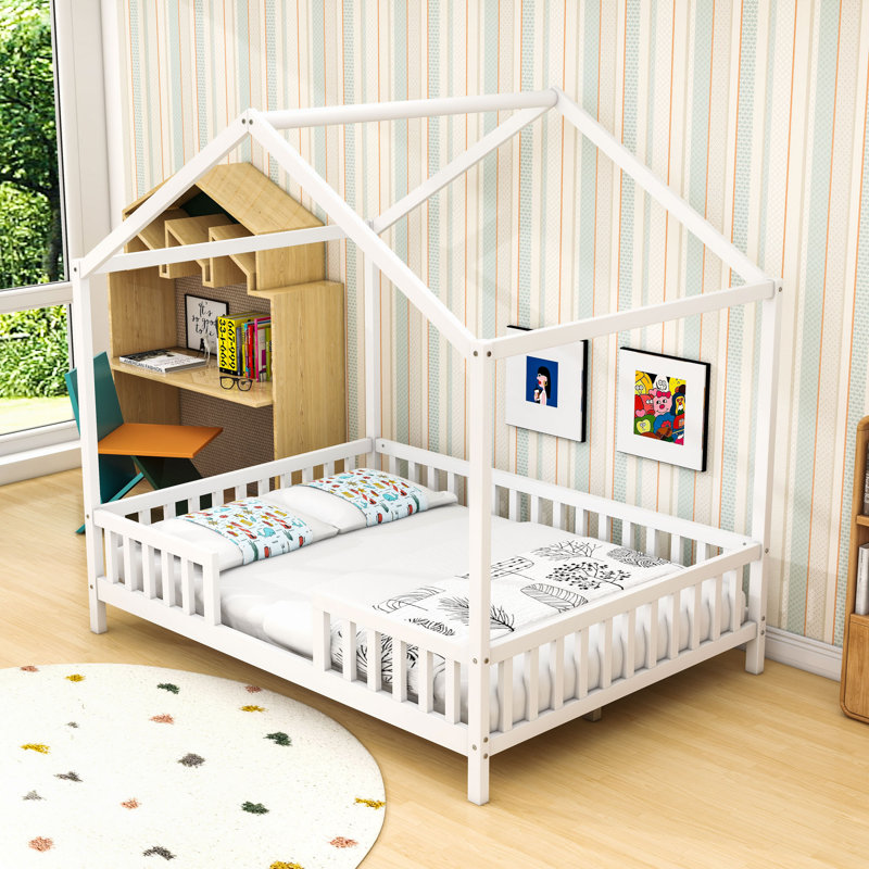 House Bed With Slats And Safety Railings, Full, White