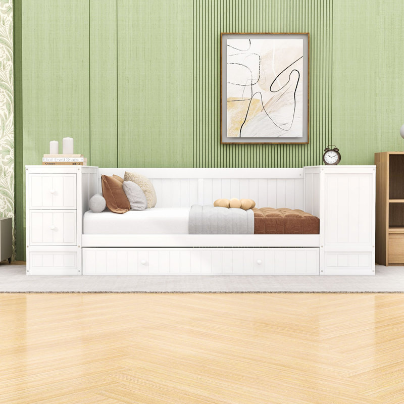 Twin Wood Daybed with Twin Trundle, Built-In Storage and Charging Station, White