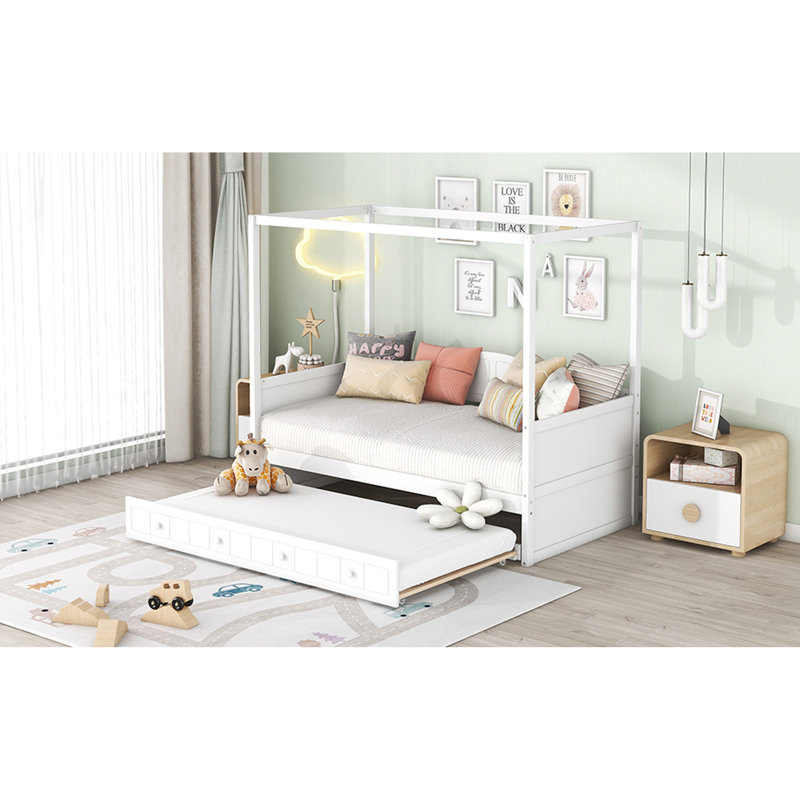Twin Size Canopy Day Bed With Twin Size Trundle, White