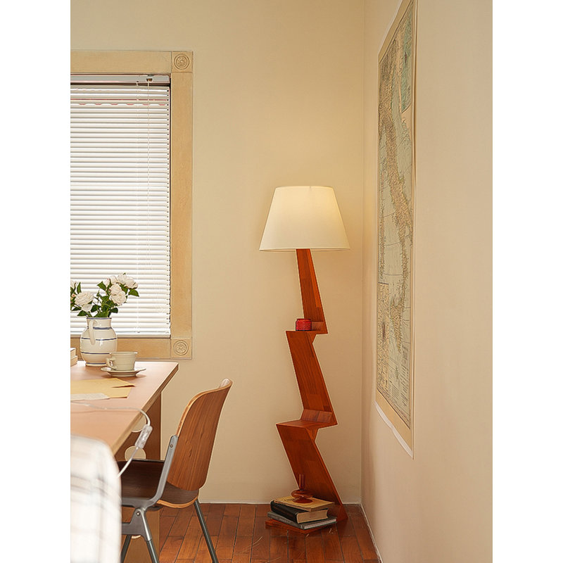 Vintage-Style Oak & Fabric Floor Lamp, Red Wood