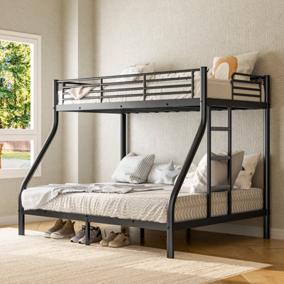 Metal Bunk Bed Twin XL Over Queen Size With Ladder & Guardrail, Metal Bed Frame, Heavy Duty Sturdy Bunk Beds, Black