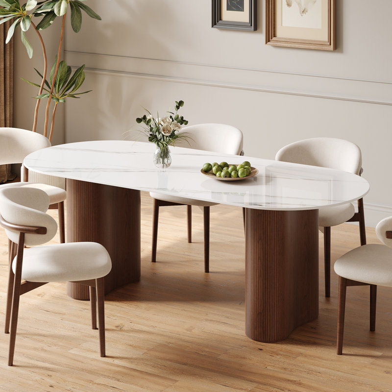 Table de salle à manger moderne 71 "ovale pour 6 personnes 71", blanc brillant fritté, Brun