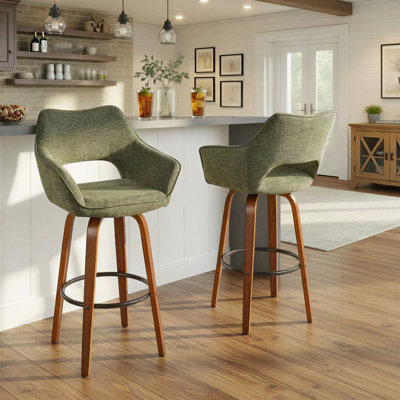Sarah Fixed-Height Fabric Bar & Counter Stool with Bent Wood Legs & Round Footrest