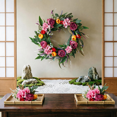 18 Inch Artificial Spring Wreath Set, Real Rattan Peony Tulip Farmhouse Decor for Front Door, 2 Pack