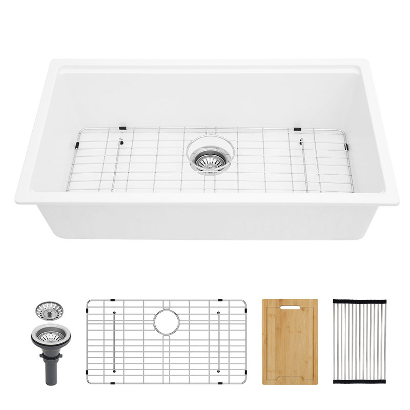 Quartz Kitchen Sink - 33" X 19" White Granite Composite Workstation Undermount Kitchen Sink