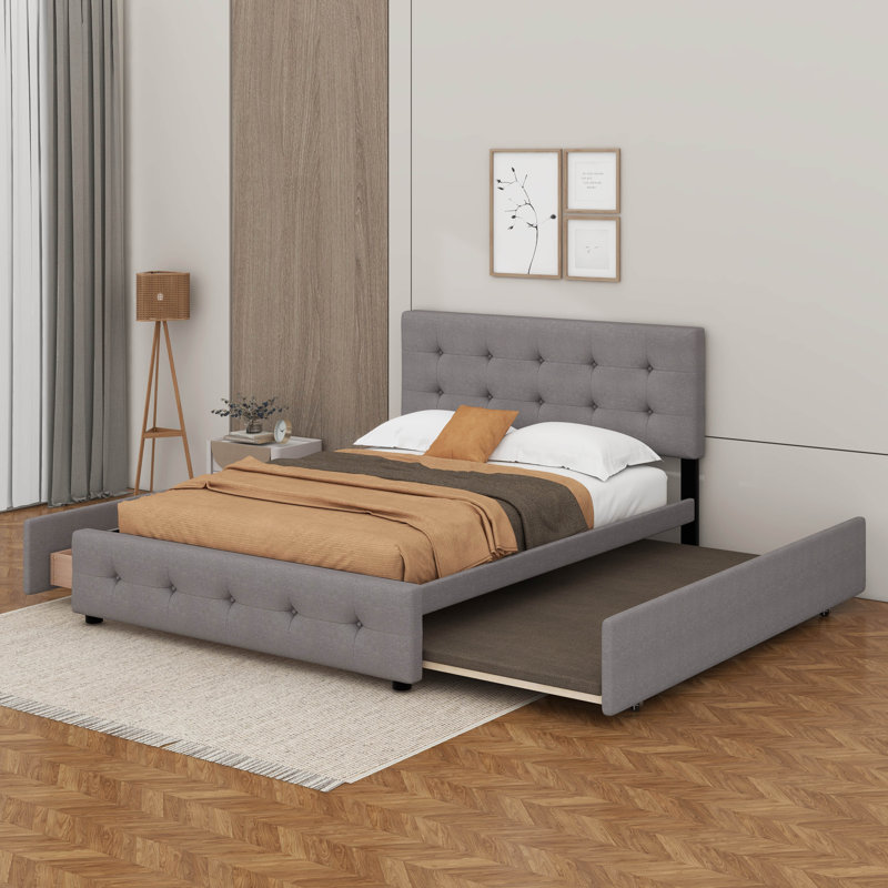 Grand lit plateforme tapissier avec 2 tiroirs et un lit gigogne, Gris clair