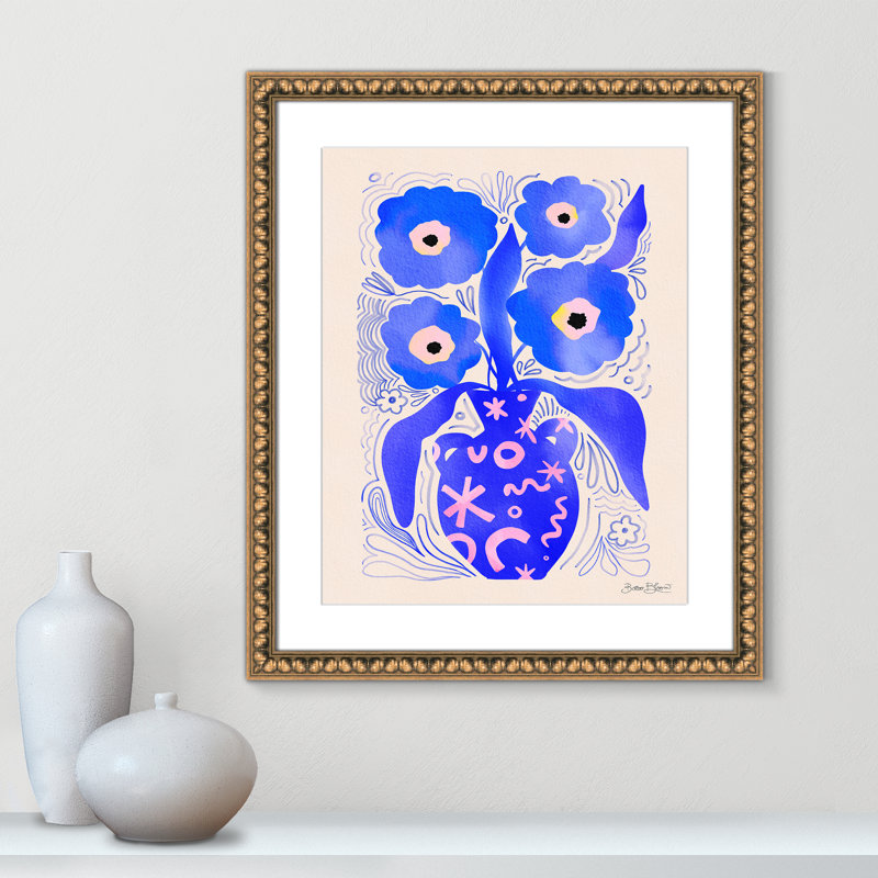 «Blue Flowers Matisse» par Bloom, L 22,5 po x H 26,5 po, Imprimé mat, Perles de feuilles dorées