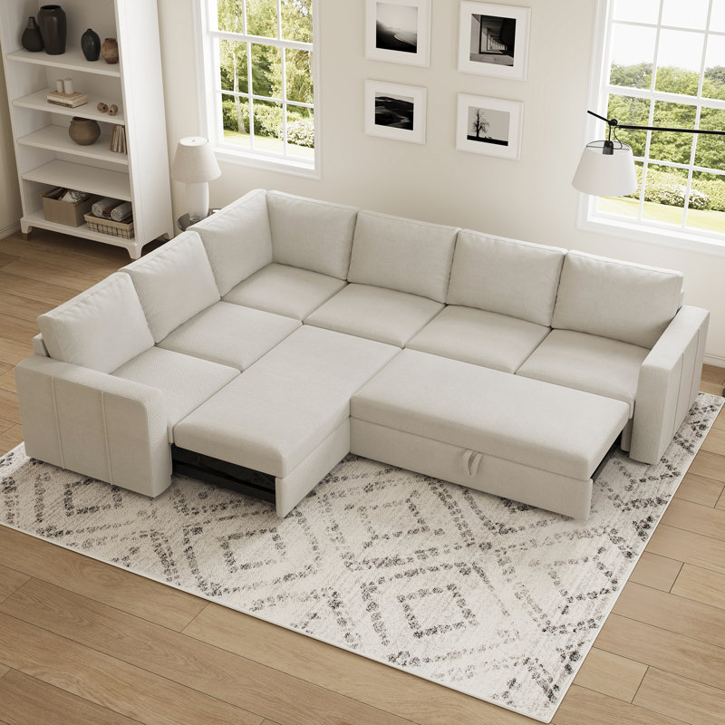 Grand canapé-lit modulaire Seybert, Chenille - beige