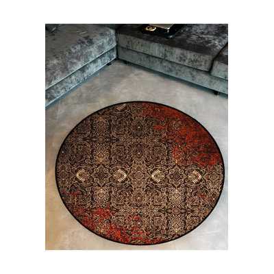Round Brown Antique Pattern Detailed Woven Base Modern Decorative Machine Washable Rug