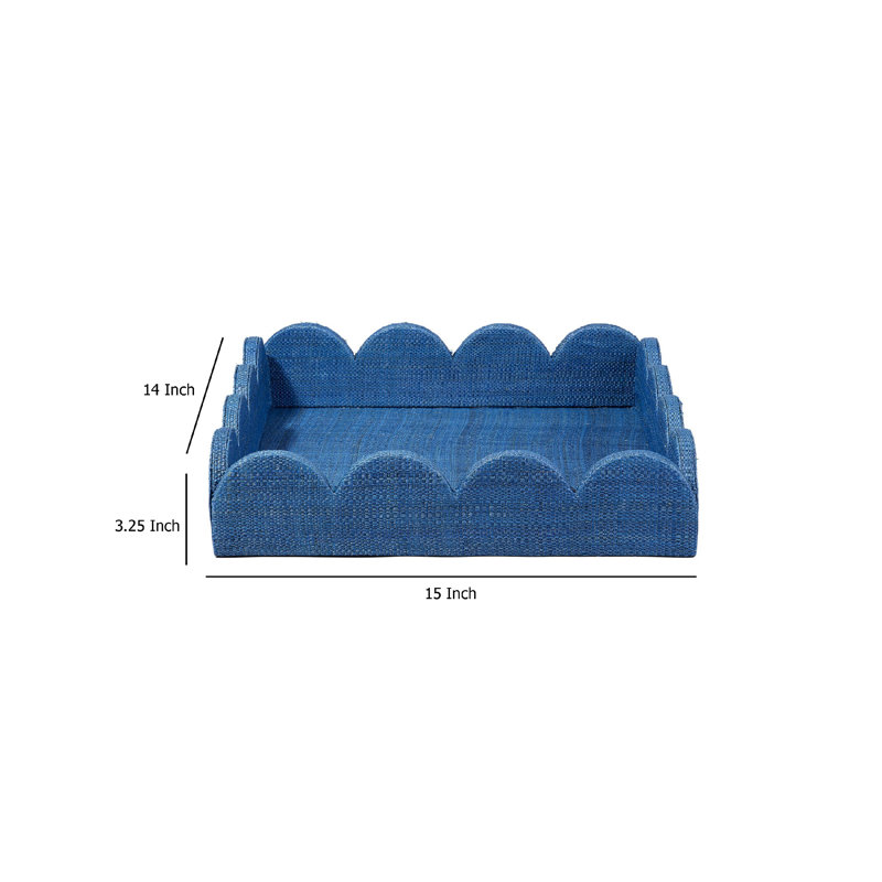Plateau décoratif Rori, bord festonné 15 po, raphia, Bleu