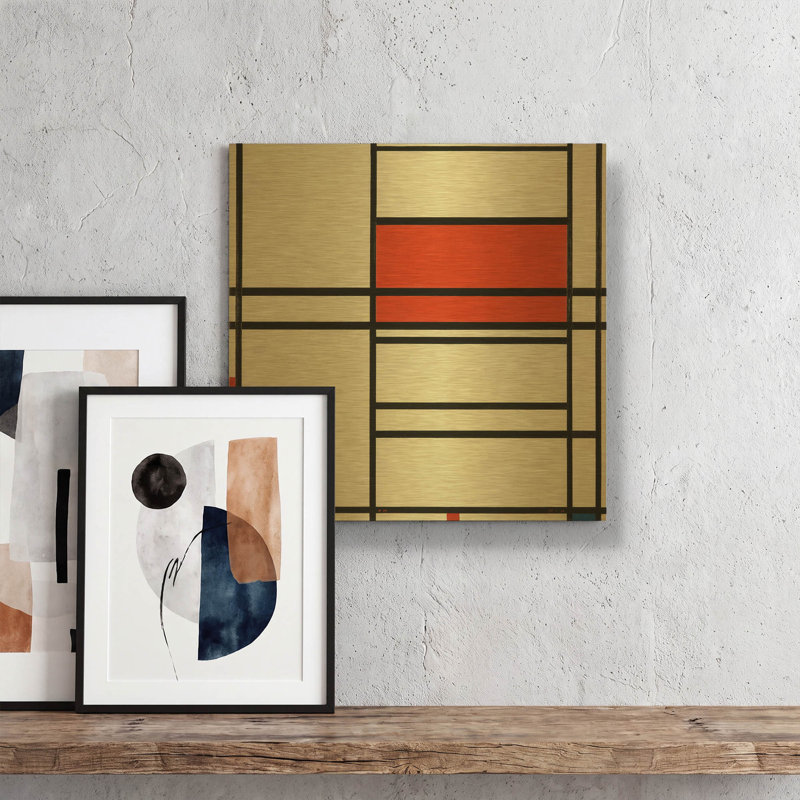Composition n° 1, Composition n° 4, 1938-1942, par Piet Mondrian. Tableau mural en métal doré, 30,5 x 30,5 cm., 12 po x 12 po