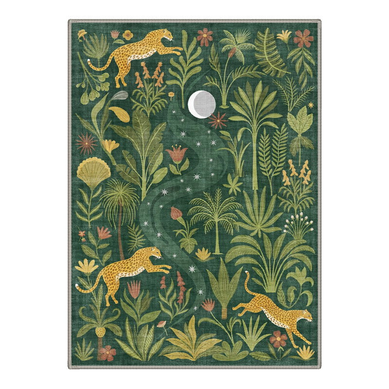 Alcoa Veridian Animal Print Machine Washable Green / Yellow Indoor Area Rug with Non-Slip Backing, Rectangle 5' x 7'