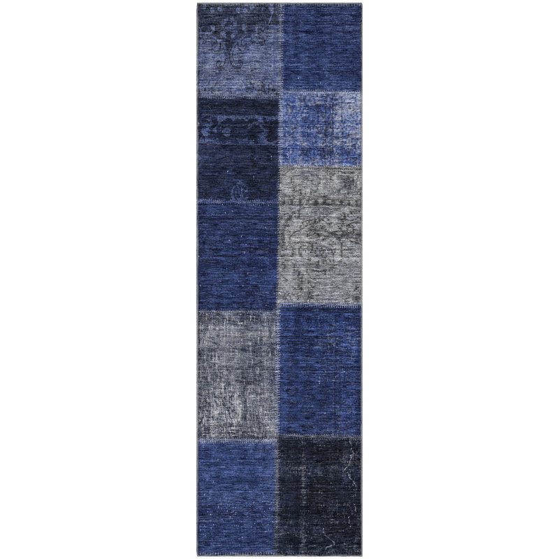 Tapis bleu marine de qualité supérieure lavable à la machine Prisco, Tapis de couloir 2 pi 3 po x 7 pi 6 po