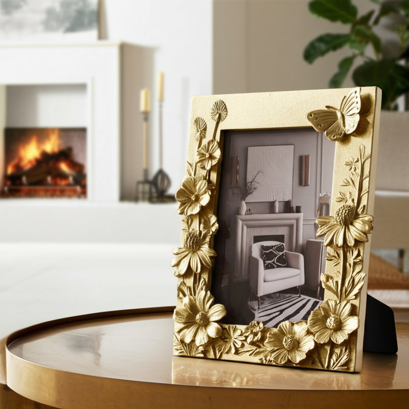 Hilbrecht Gold Resin Floral Picture Frame with Butterfly Accent - 4" x 6" Tabletop Display - Elegant Decorative Photo Holder for Home or Office