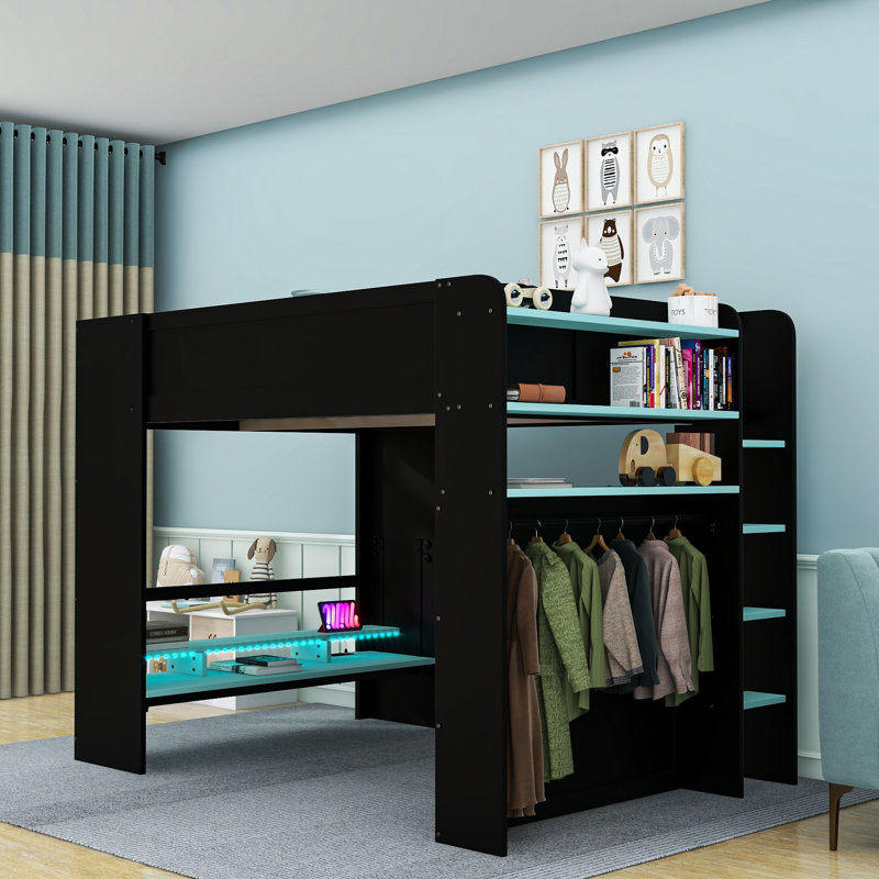 Lit mezzanine double avec bureau et éclairage RVB, Blue