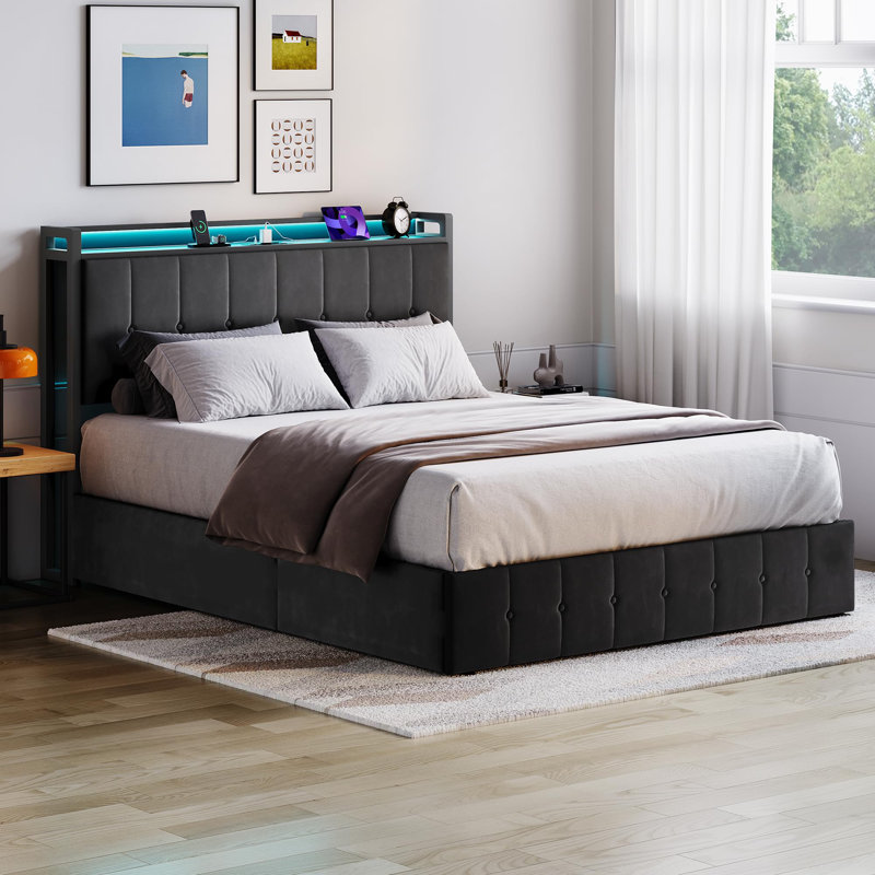 Full Size Lift Up Storage Bed with LED Lights, Upholstered Velvet Bed Frame with Storage Headboard & Charging Station, Metal Platform Bed, No Box Spring Needed, Solid Wooden Slats, Black