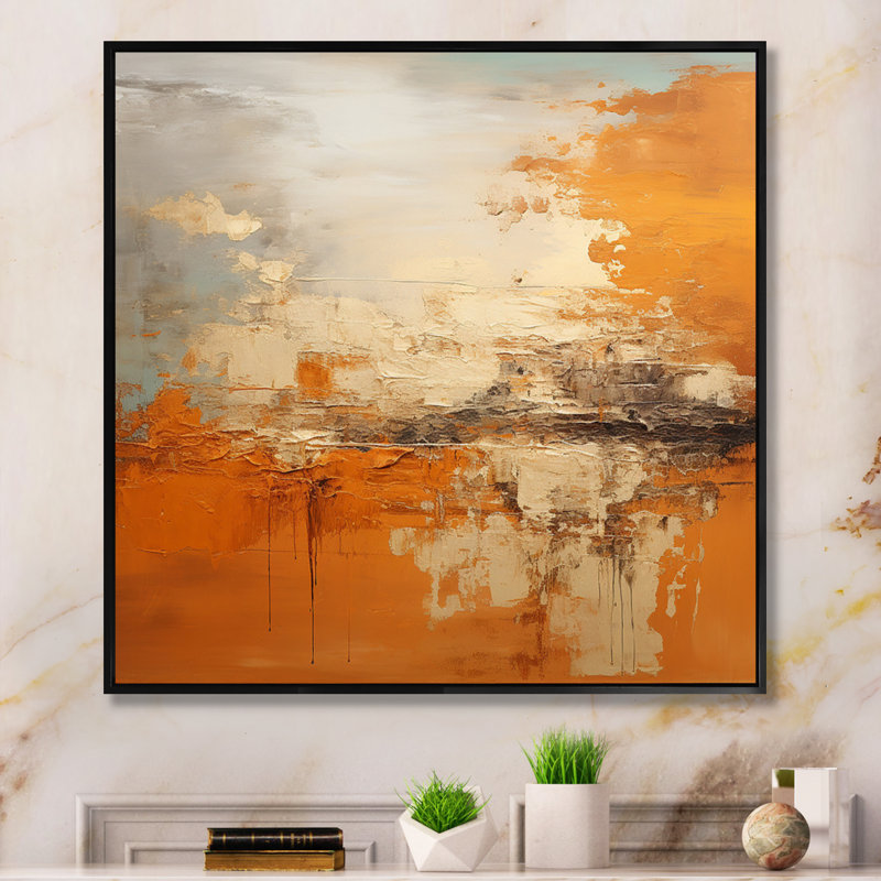 «Copper Glow», impression d'art abstrait paysage, H 36 po x l 36 po x P 1,5 po, Cadre flottant noir