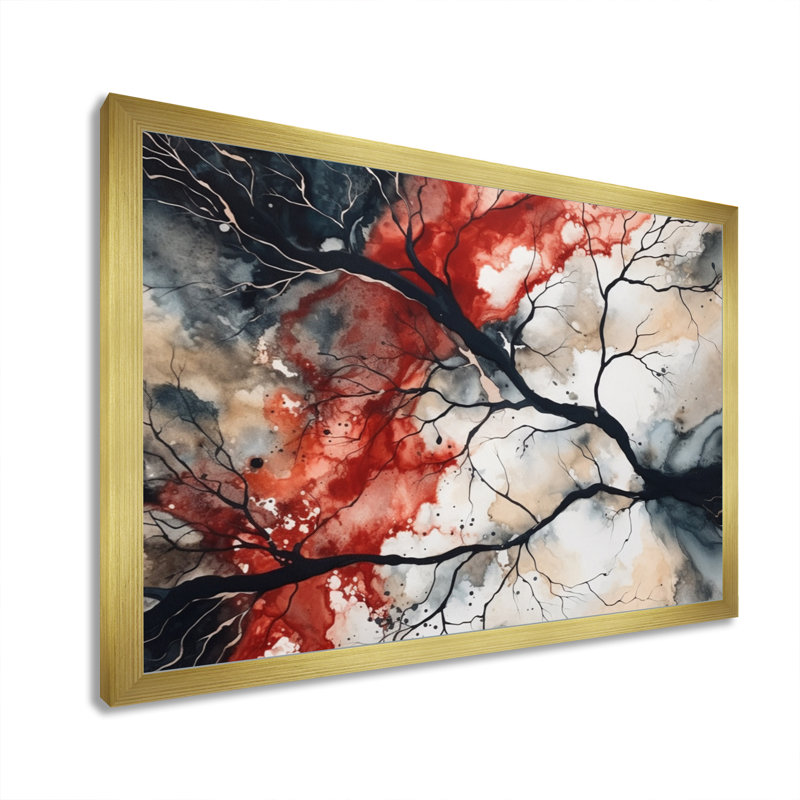 Encre liquide rouge et noire captivante - art abstrait géométrique, Cadre doré simple, H 16 po x l 32 po x P 1 po