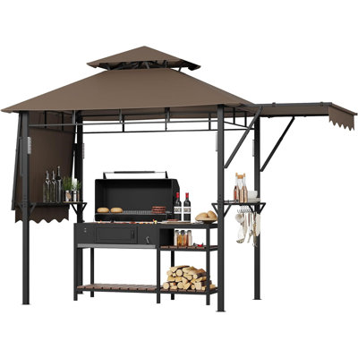 Pavillon de jardin grillagé 13 x 4 pi, auvent de jardin double avec tablettes auvent latérales doubles, kaki
