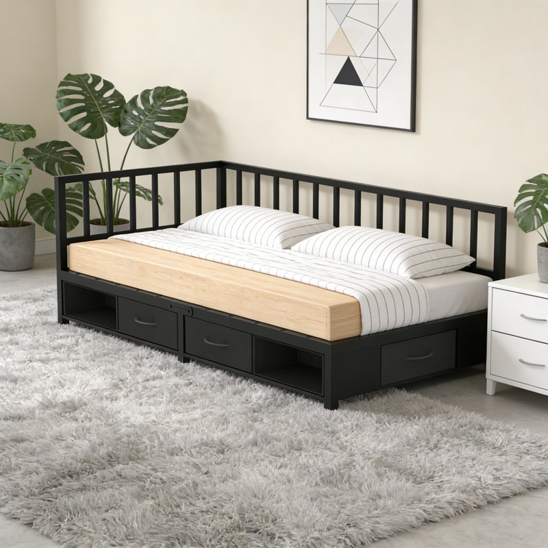 Corner Bed Frame Twin Daybed With Storage Drawers, Metal Platform Bed Frame With LED Light, Black