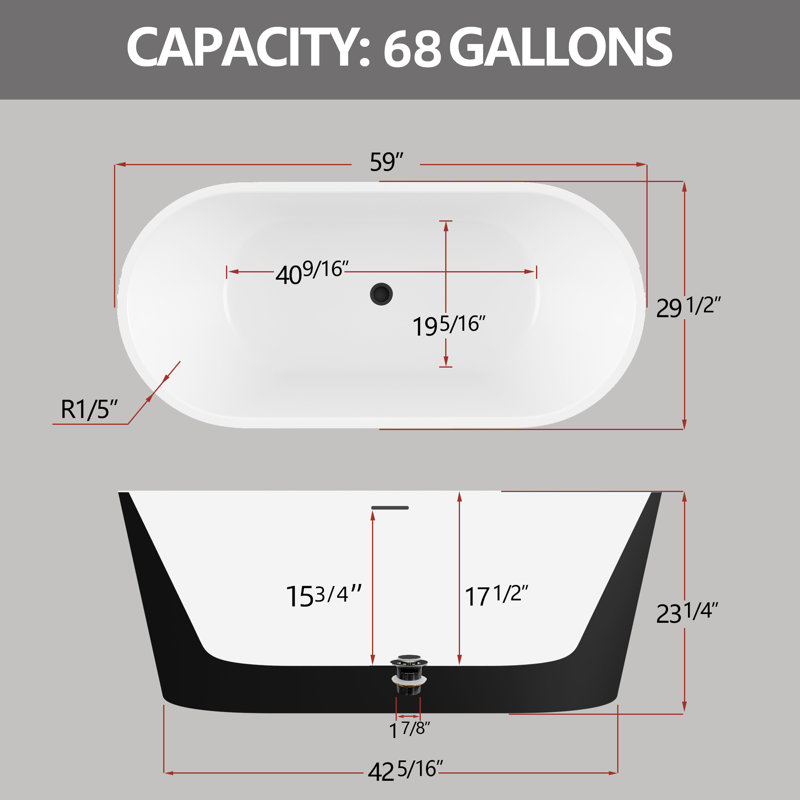 59'' x 30'' Acrylic Freestanding Bathtub Contemporary Deep Soaking Tub with Center Drain, Glossy Black
