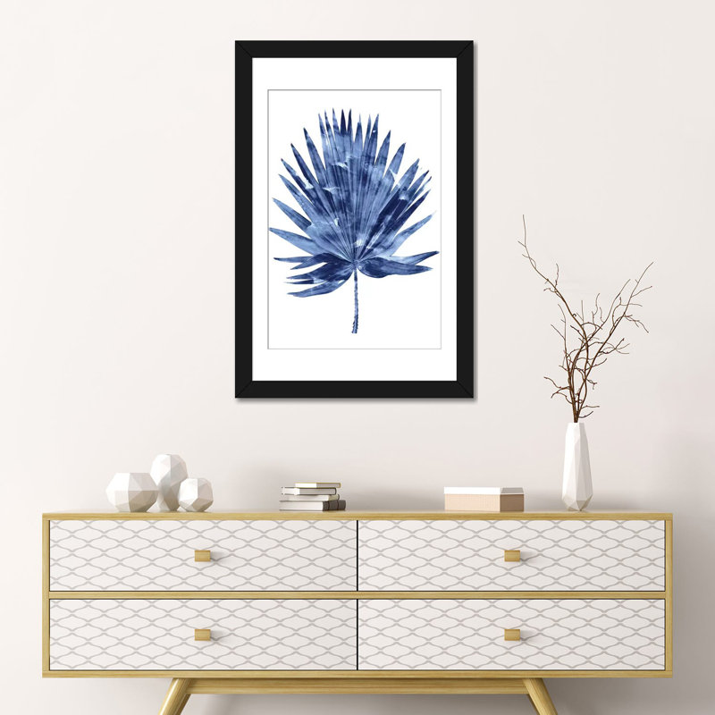 «Palm IV», reproduction d'impression sur toile indigo, H 60 po x l 40po x P 1,5 po, Papier d'art encadré noir, Pas de tapis