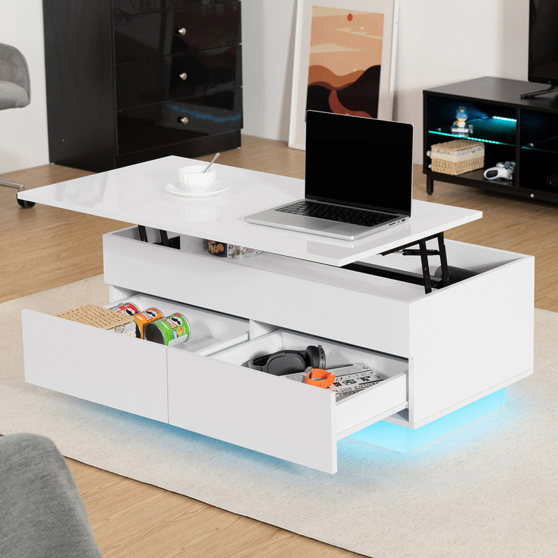 Lift Top Coffee Table With 2 Drawers & Smart LED Light, White