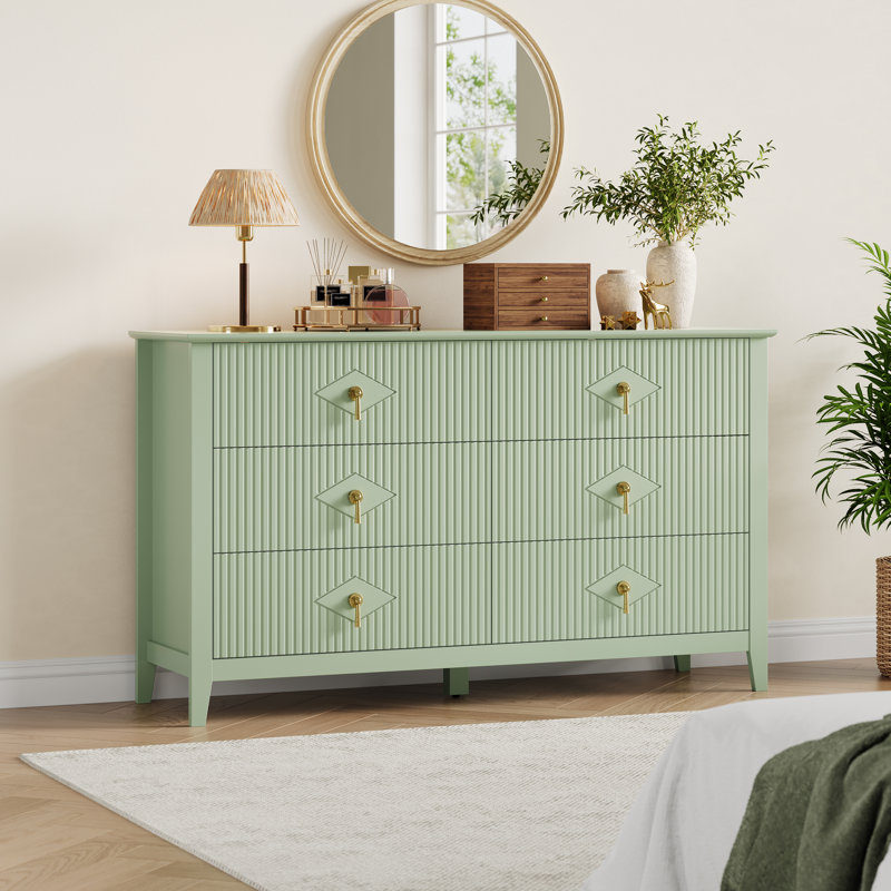 54" Extra Wide Modern Fluted 6-Drawer Wood Dresser with Metal Handles Storage Cabinet for Bedroom Living Room Hallway Entryway Easy Assembly - Green