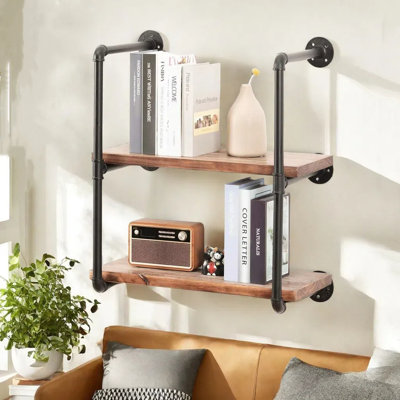 24" Industrial Floating Shelves, Pipe Shelves For Wall, 2 Tier Rustic Wood Wall Shelves For Home Décor, Bedroom, Living Room, Bathroom