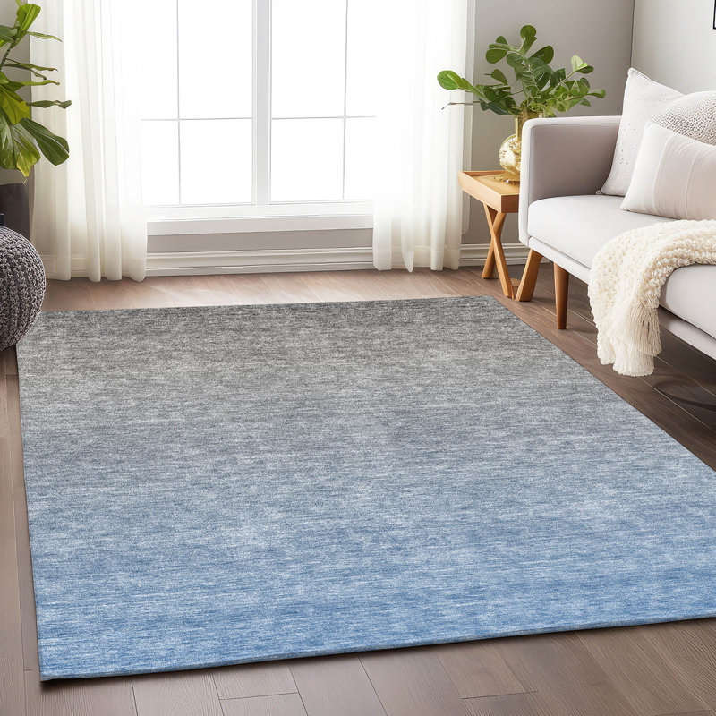Gray and Blue Ombre Washable Synthetic Rectangular Rug