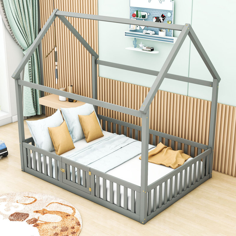 Full Wood House Bed with Fence, Gray