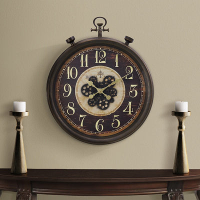 24" Round Brown Gear Mechanism Wall Clock for Traditional Home Decor