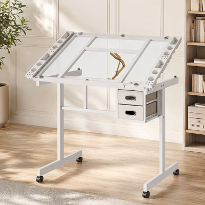 Art & Craft Desk with Storage - Rolling Glass Drafting Table with Trays, Drawers & Adjustable Tilt