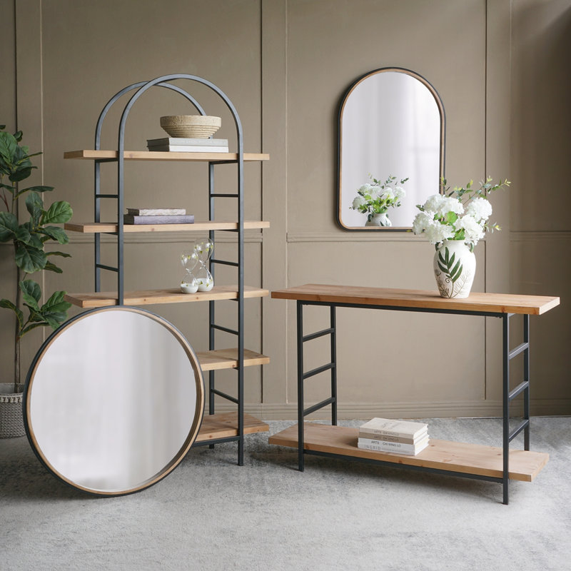 Console 48 po x 16 po x 32 po à 2 niveaux en bois et fer avec structure noire et tablette de rangement, industrielle / moderne / minimaliste